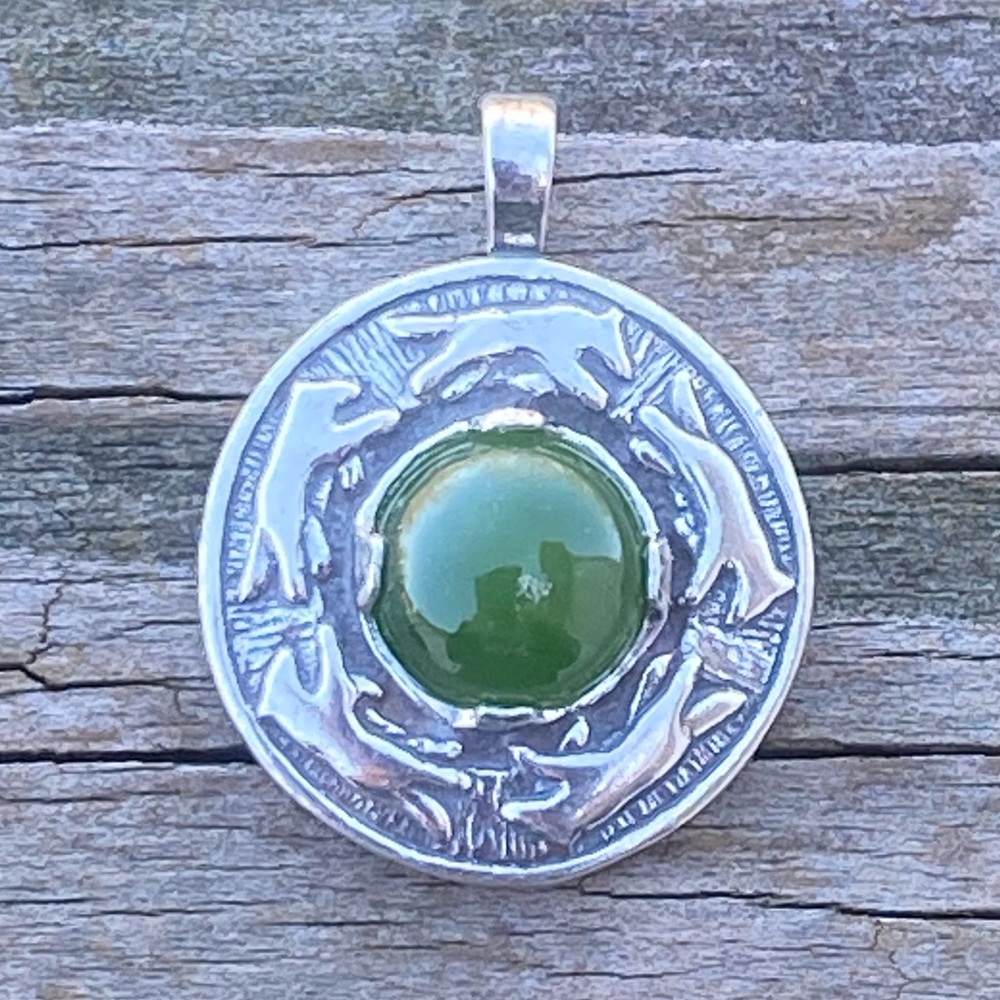Wolf Dance Pendant .925 Sterling Silver w/ genuine Jade gem made in the USA